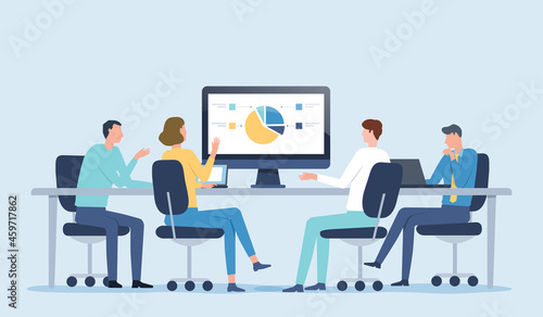 Group business team conference meeting working for project planning and brainstorming with business people analytics and monitoring marketing report chart dashboard monitor concept. flat vector