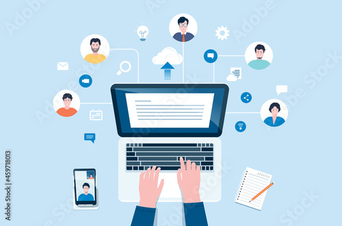 business People team connecting online video conference connect for meeting remote working And business technology smart working online connect anywhere concept.
 flat vector illustration design.
