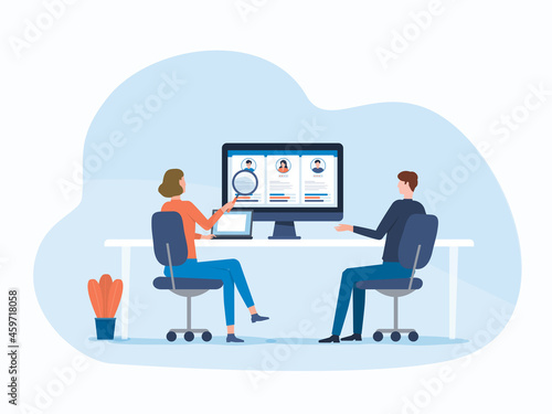 business people team meeting and research resume Profile for job interview and hiring. With flat vector illustration cartoon character design concept
