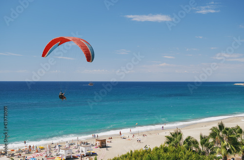 Paragliding over the beach. Turkey, Alanya.