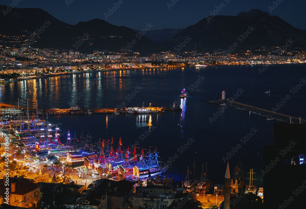 View of the port and harbor at night. Turkey, Alanya.