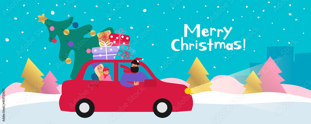 happy family driving a car with spruce tree and gifts vector illustration merry christmas
