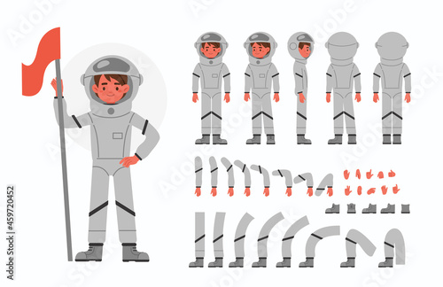 Cute kid dressed as astronaut. Character constructor for animation. Front, side and back view. Body parts and postures collection. Flat cartoon vector illustration isolated.