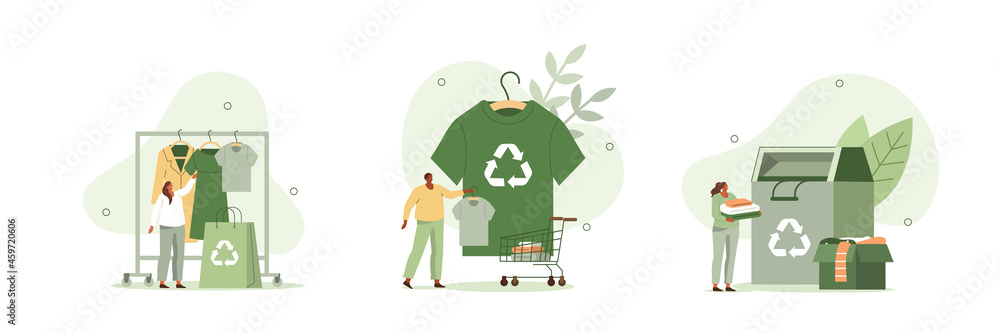 People characters buying recycling textile and sorting old clothes in  recycling can. Recycle and sustainable fashion concept. Flat cartoon vector  illustration and icons set. Stock Vector | Adobe Stock