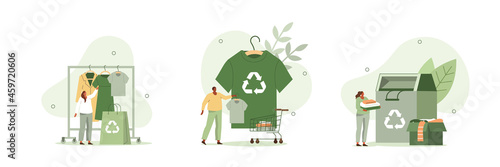 People characters buying recycling textile and sorting old clothes in recycling can. Recycle  and sustainable fashion concept. Flat cartoon vector illustration and icons set. photo