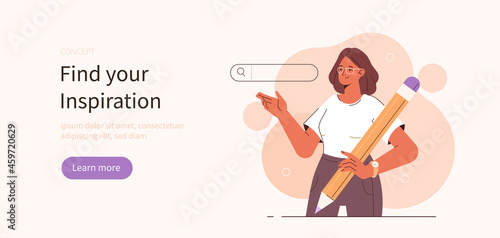 Woman character holding big pencil and pointing on search box. Business metaphor. Searching for opportunities, research and development concept. Flat cartoon vector illustration.