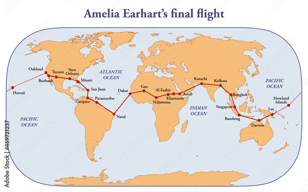 Route map of Amelia Earhart's final flight Stock Illustration | Adobe Stock