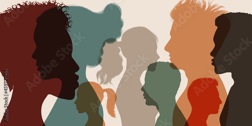 Psychology and psychiatry concept. Silhouette heads faces in profile of multiethnic and multicultural people.Psychological therapy.Patients under treatment.Team community.Diversity people photo