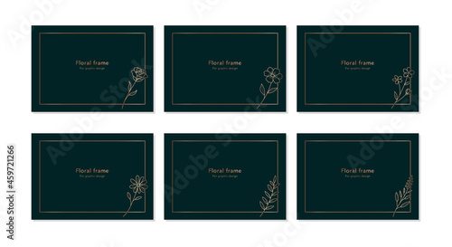 花のイラストを装飾したデザインフレーム　グラフィックやデザイン用セット　モスグリーン地にローズゴールド