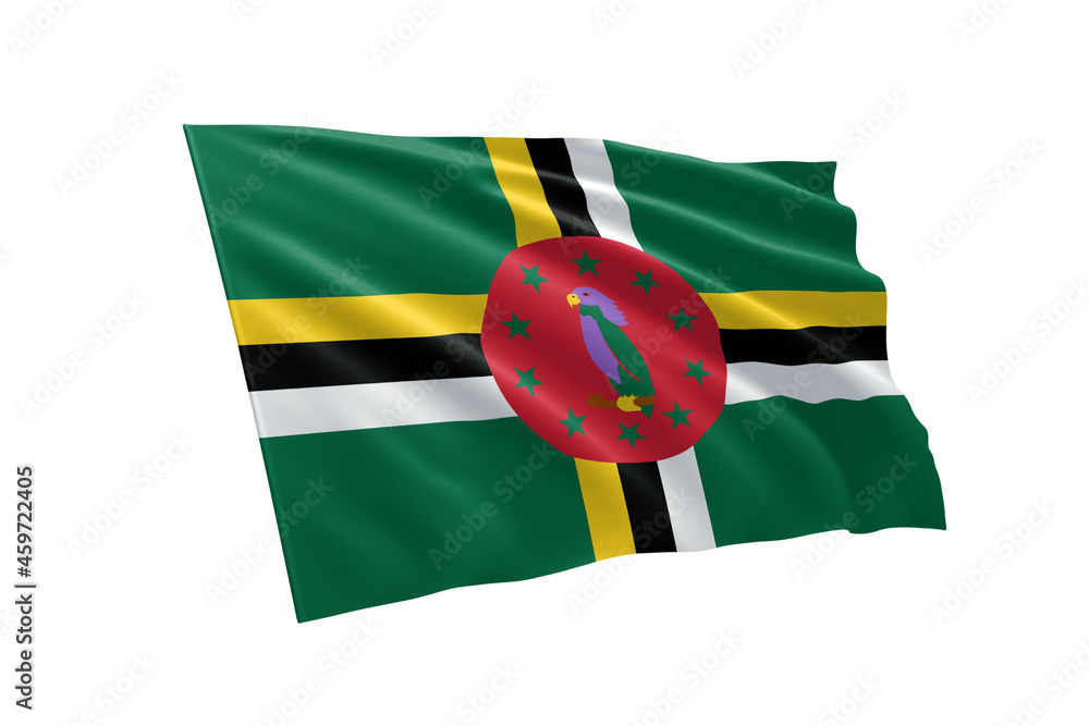 Fototapeta premium 3D illustration flag of Dominica. Dominica flag isolated on white background.