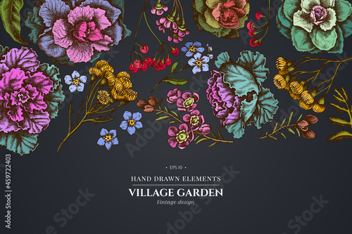 Floral design on dark background with wax flower, forget me not flower, tansy, ardisia, brassica, decorative cabbage