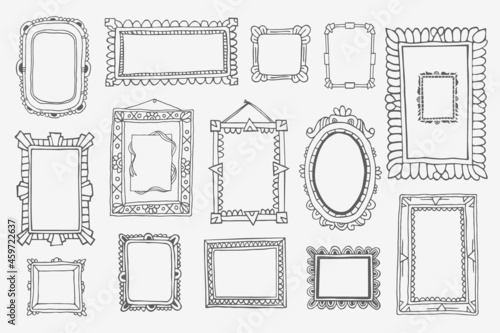 Vintage photo frame in doodle style. Vector hand drawn set with picture frames