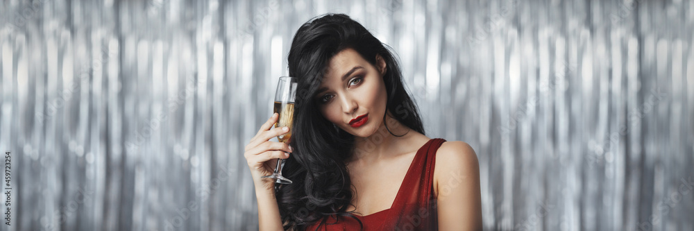 Fashion Drunk Woman in Red Dress with Glass of Wine Fashion Drunk Woman in Red Dress with Glass of Wine