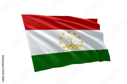 3D illustration flag of Tajikistan. Tajikistan flag isolated on white background.