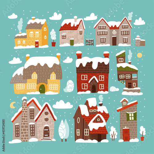 Winter houses collection. Cartoon snow bildings and rural cottages set. Architecture with a snow-covered roof and snowdrifts. Flat vector hand drawn illusstration. photo