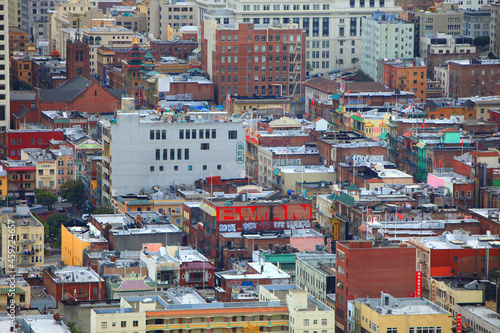 Aerial view of Antique Chinese style commercial buildings on Grant Avenue in historic Chinatown, from the top of Coit Tower in San Francisco, California CA, USA. 