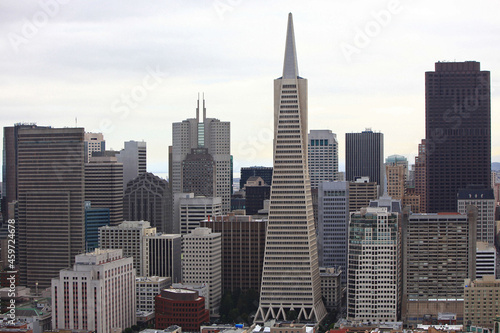 San Fransisco Financial District skyline including Transamerica Pyramid building, viewed from Coit Tower, San Fransisco, California CA, USA.