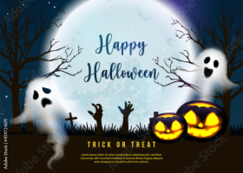 Happy halloween scary jack lantern spirit ghost with full moon night graveyard background