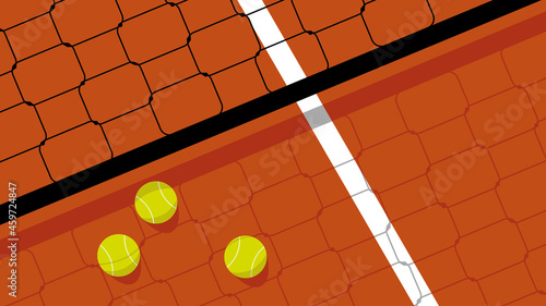 Illustration of brick red color tennis court and tennis balls around on a sunny day. With copy space.	