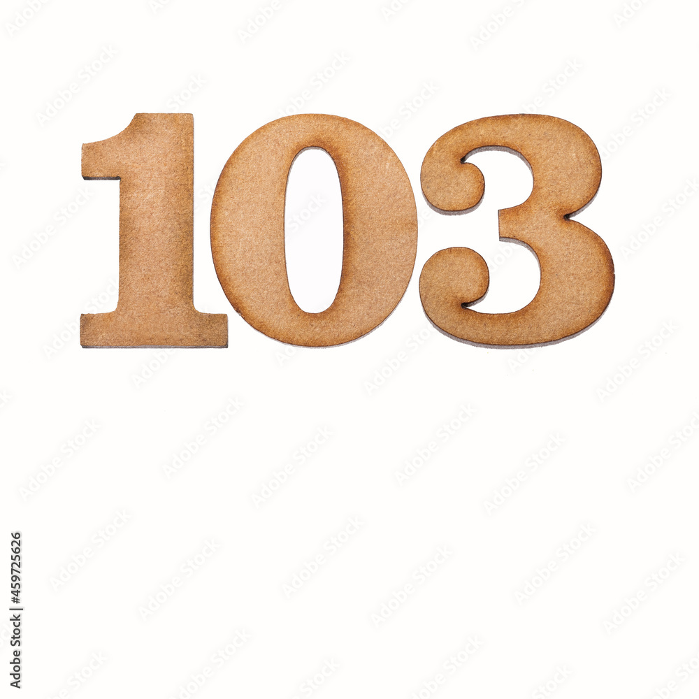 Number 103 in wood, isolated on white background Number 103 in wood, isolated on white background
