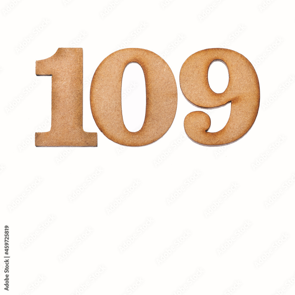 Number 109 in wood, isolated on white background Number 109 in wood, isolated on white background
