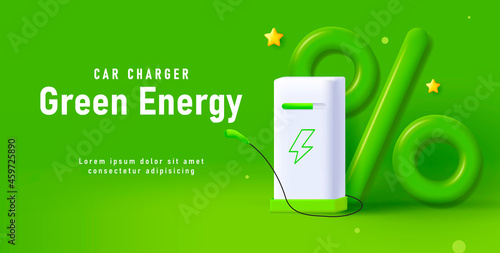 Electric charging station, 3d illustration of charging equipment with big green percent sign, advertising web banner