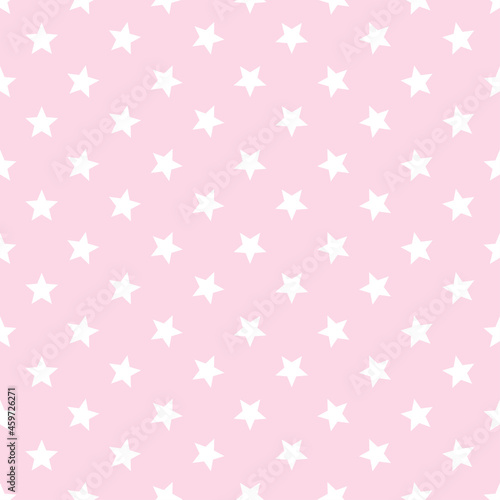 Cute vector seamless pattern with white stars on pink background. Christmas template for fabric or wrapping. Stylish fun kids backdrop for postcards, poster. Marry Christmas. Wallpaper.