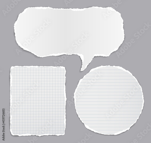 Set of torn white note, notebook paper stripes and speech bubble stuck on dark grey background for text, advertising. Vector illustration