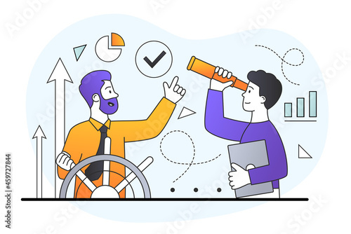 Two male characters are controlling steering wheel helm with telescope vision on white background. Concept of business company success leadership, career direction. Flat cartoon vector illustraion