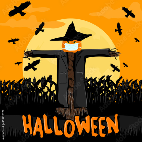 A scarecrow with a pumpkin head wearing a mask