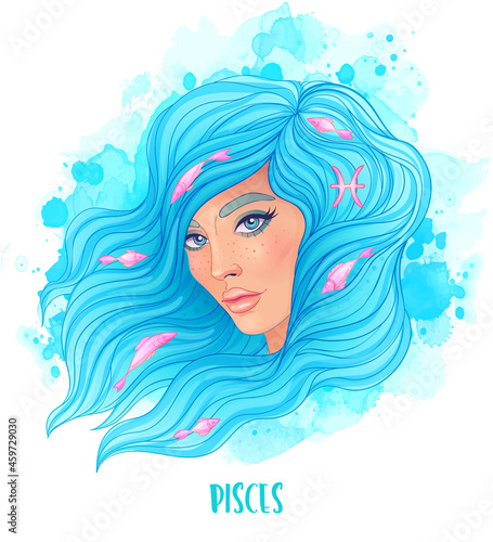 Pisces astrological sign as a beautiful girl. Vector illustration over waterc...