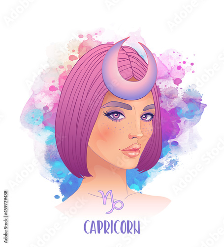 Capricorn astrological sign as a beautiful girl. Vector illustration over watercolor background isolated on white. Future telling, horoscope. Fashion woman zodiac set.