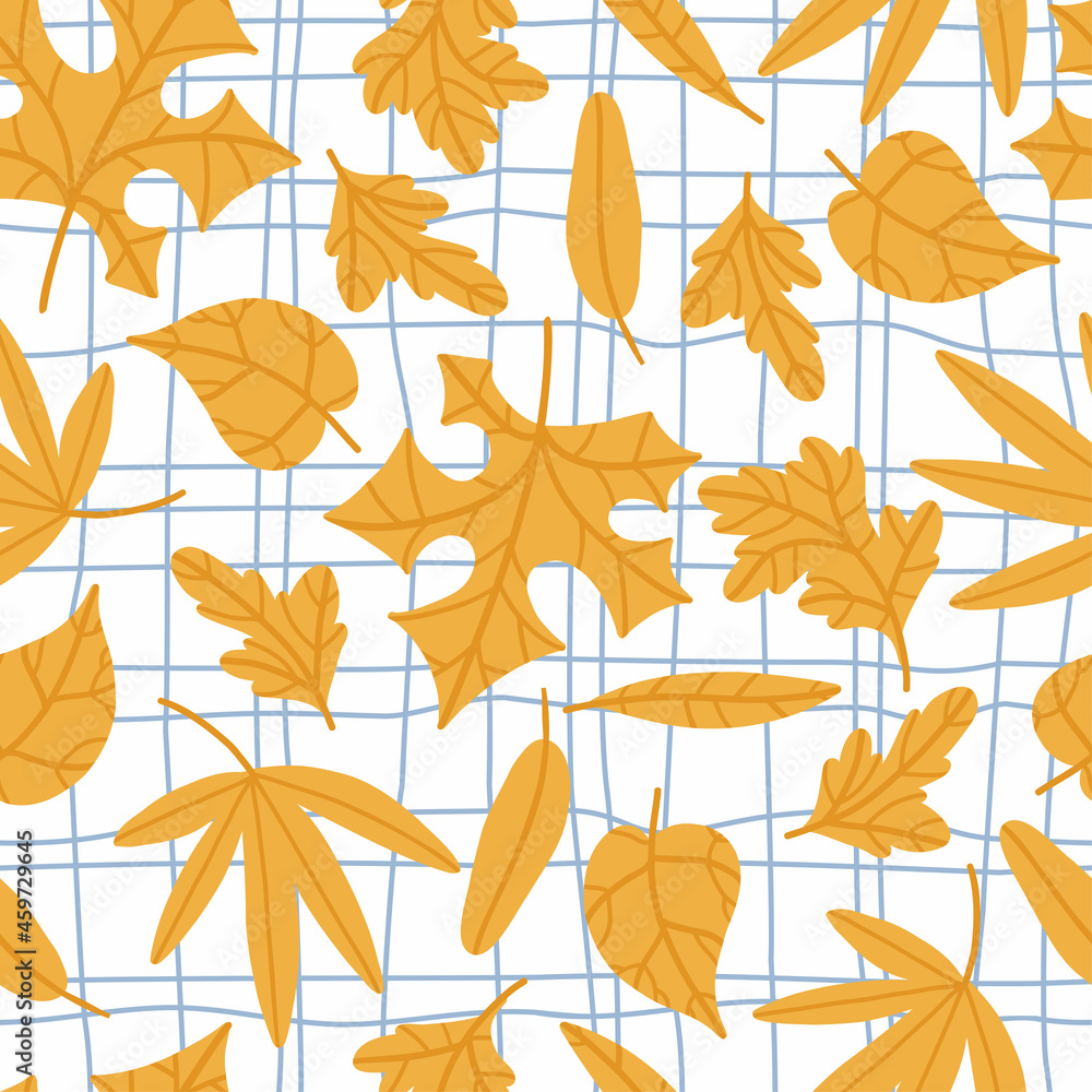 Obraz premium seamless pattern with flat leaves on a background of intersecting lines. checkered background. illustration isolated on white background