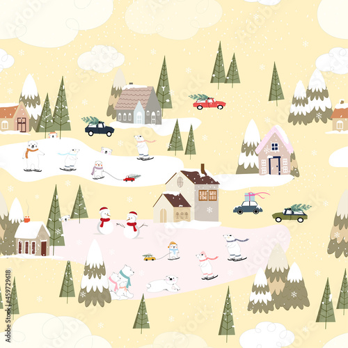 Seamless pattern Cute winter landscape in the town with house ,polar bear playing ice skate and pine tree on Christmas day,Vector Panorama endless design in village on New year eve,Holiday background
