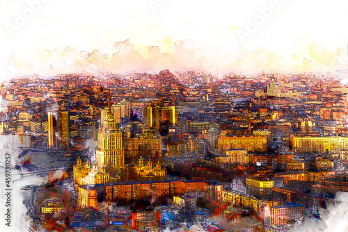 Canvas Print Sketch and Drawing with watercolor of cityscape of modern and urban skyscrapers