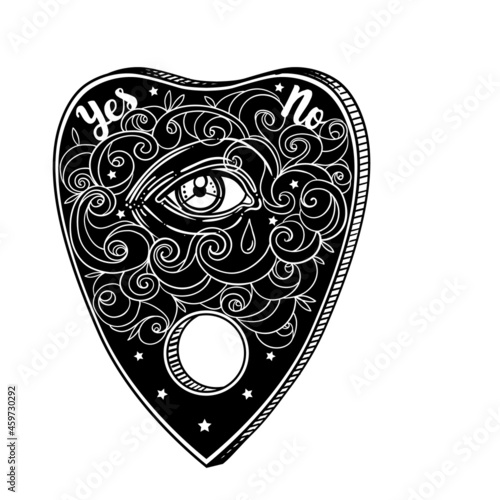 Heart-shaped planchette for spirit talking board. Vector isolated illustration in Victorian style. Mediumship divination equipment. flash tattoo drawing. Alchemy, religion, spirituality, occultism.