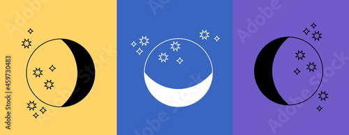 Set of mystic moon linear logo icon on colorful backgrounds. Cute template for cosmetics, beauty, tattoo, jewelry store. Hand drawn art sun and crescent moon. Flat cartoon vector illustration