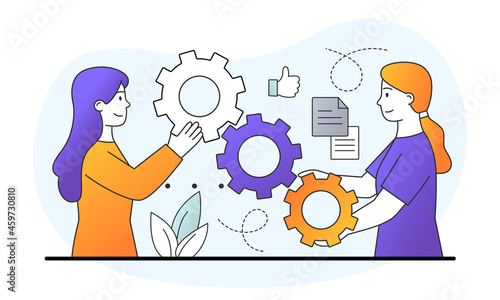 Two female characters are linking gear mechanism together on white background. Concept of business mechanism with gears. Business promotion, strategy analysis. Flat cartoon vector illustration