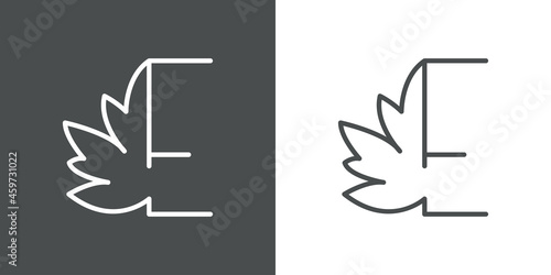Logotipo letra inicial E en hoja de arce con lineas en fondo gris y fondo blanco