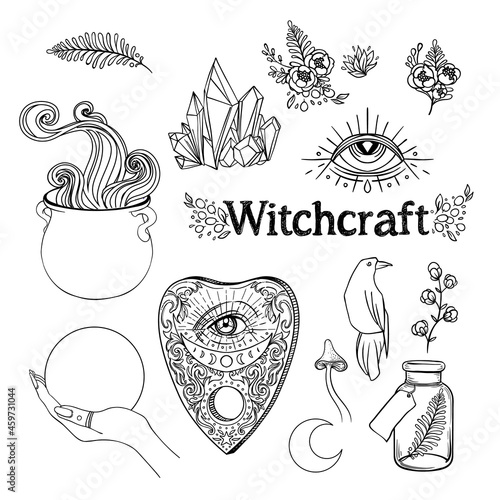 Witchcraft set. Ouija planchette , cauldron, crystal ball, poison bottle, herbs and flowers. Vector illustration isolated on white. Gothic design, magician symbol in black outlines. Future telling.