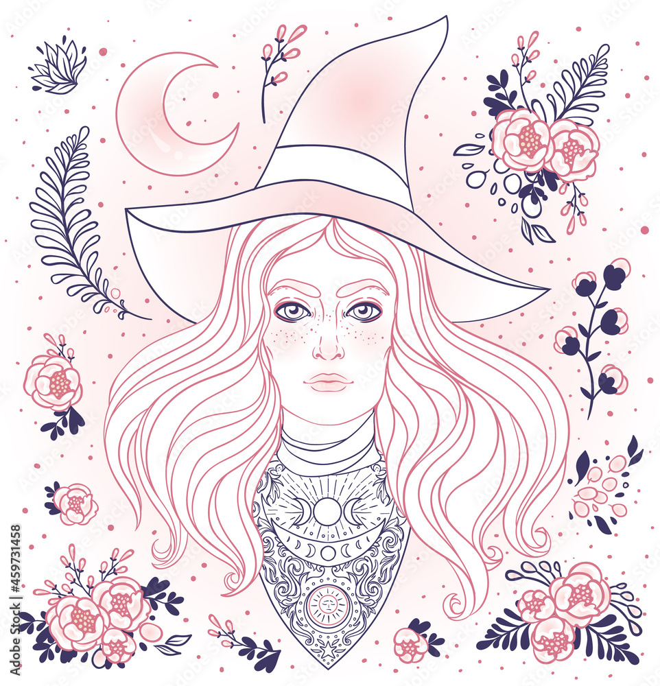 Wiccan witch. Vector Illustration in black and white. Young woman with long blond hair and magic hat. Alchemy, tattoo art, t-shirt design, adult magic coloring book. Pagan goddess.