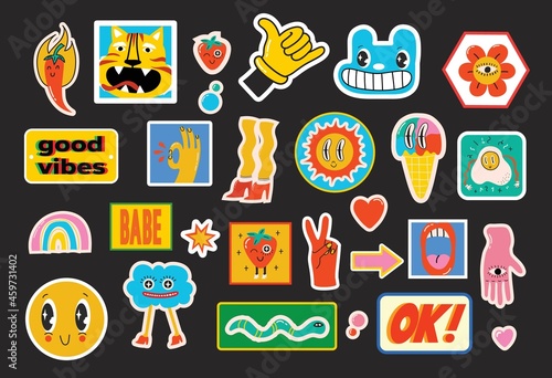 Hand drawn Vector illustrations of Set of Various patches, pins, stamps or stickers with abstract funny cute comic characters.