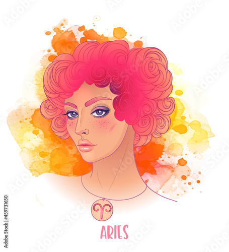 Aries astrological sign as a beautiful girl. Vector illustration over waterco...