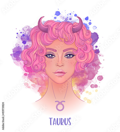Taurus astrological sign as a beautiful girl. Vector illustration over waterc...