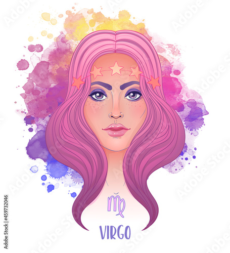 Virgo astrological sign as a beautiful girl. Vector illustration over watercolor background isolated on white. Future telling, horoscope. Fashion woman zodiac set.
