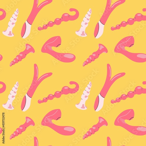 Cute sex toys, set of vibrators, anal beads, phalluses, butt plugs, handcuffs. Seamless square background. Erotic arousal for an adult man and woman. Modern flat image.