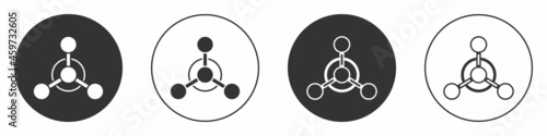 Black Molecule icon isolated on white background. Structure of molecules in chemistry, science teachers innovative educational poster. Circle button. Vector