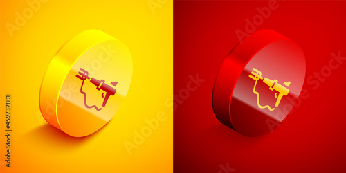 Isometric Fishing harpoon icon isolated on orange and red background. Fishery manufacturers for catching fish under water. Diving underwater equipment. Circle button. Vector