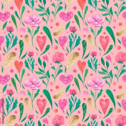 Romantic pattern with flowers, hearts and feathers. Watercolor seamless pink pattern.