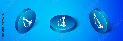 Isometric Fishing harpoon icon isolated on blue background. Fishery manufacturers for catching fish under water. Diving underwater equipment. Blue circle button. Vector